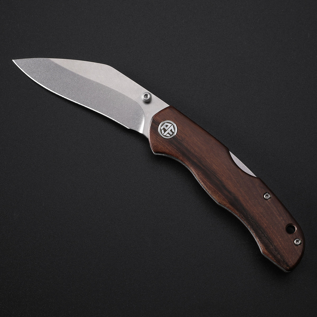 Petrified Fish PFE12 Skalor,3.39" 154CM Blade,120g Wood Handle,Thumb Stud Back Lock Folding Knife