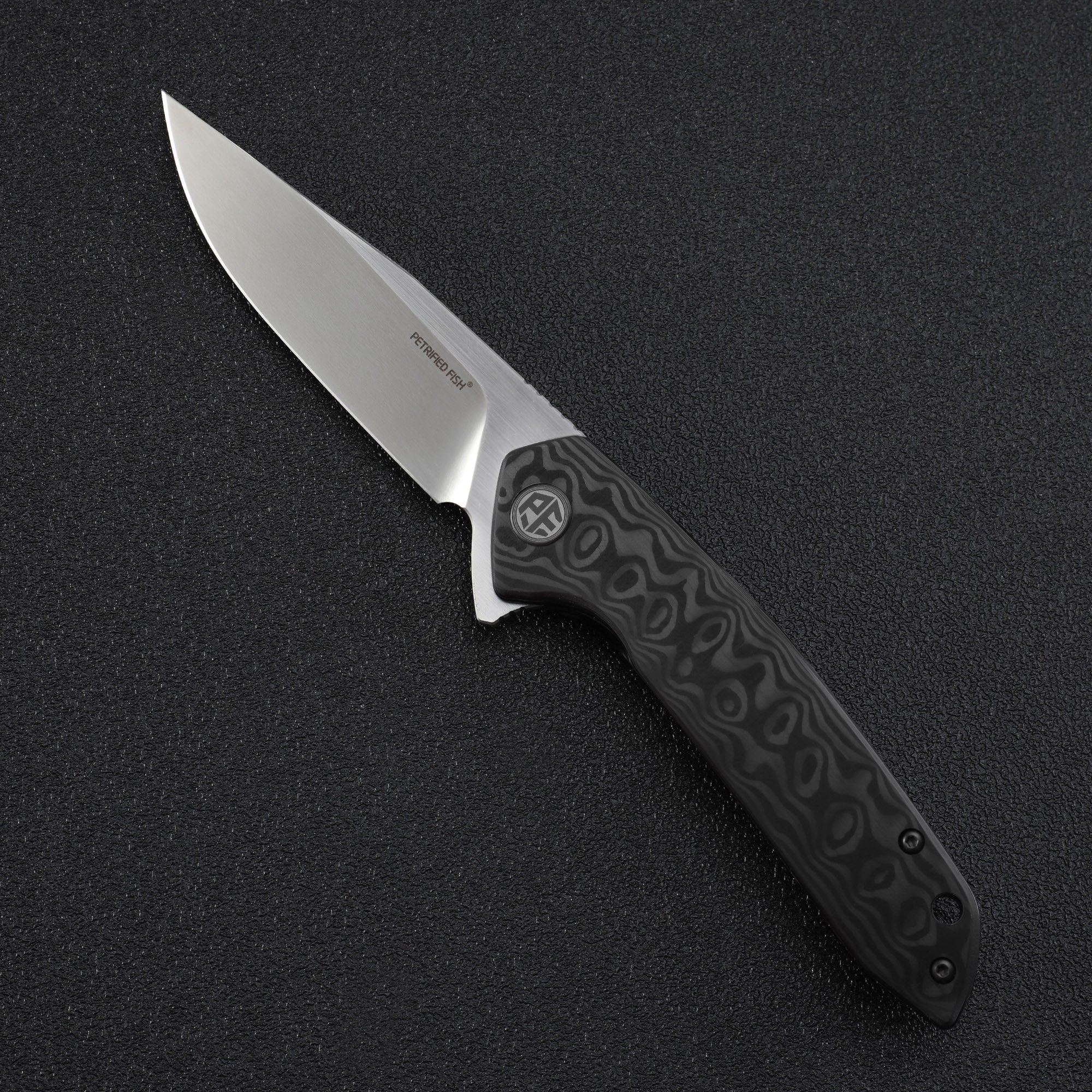 Petrified Fiah PF989 Auster,3.58" K110 Blade,Gmascus G10/Ebony Wood/Carbon Fiber Handle,Flipper Liner Lock Folding Knife