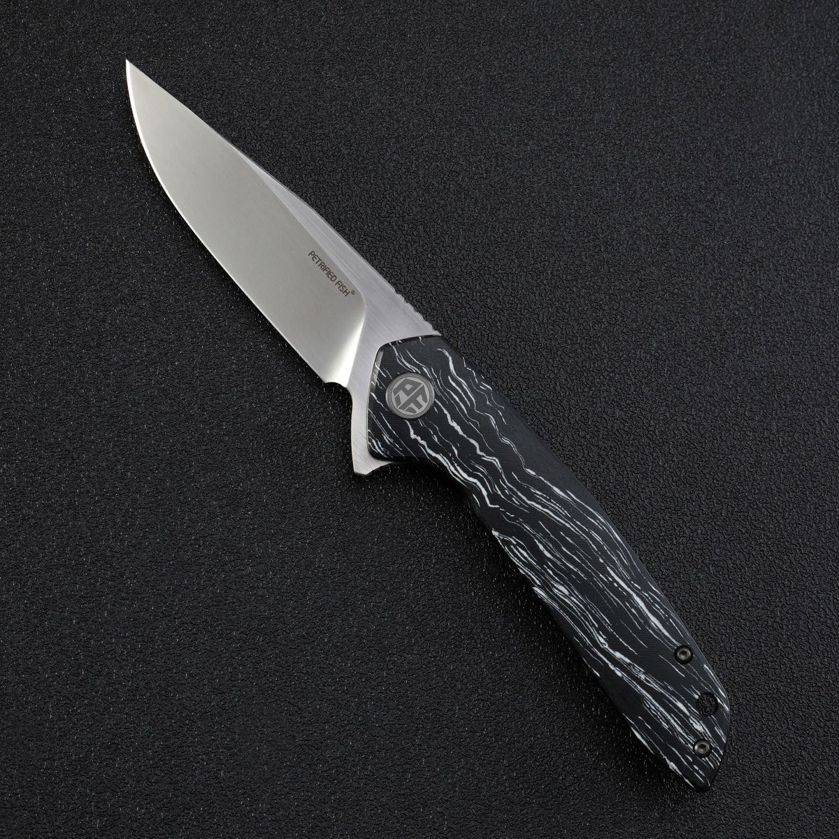 Petrified Fiah PF989 Auster,3.58" K110 Blade,Gmascus G10/Ebony Wood/Carbon Fiber Handle,Flipper Liner Lock Folding Knife