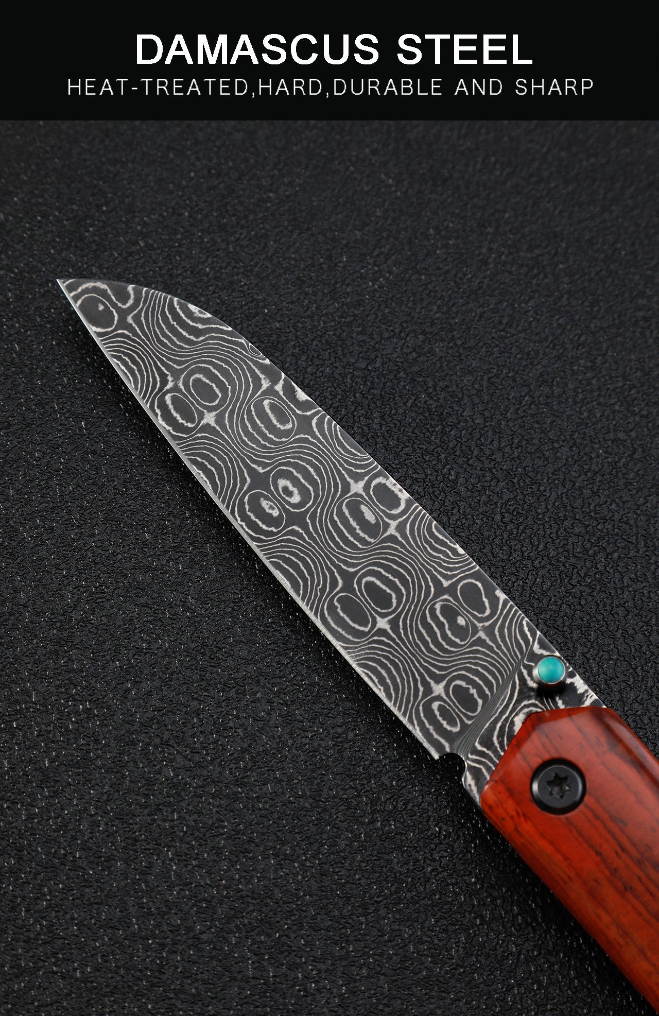 Petrified fish PF719DM Patte,3.39" Damascus Blade,Sandalwood Handle,Thumb Stud Liner Lock Folding Knife