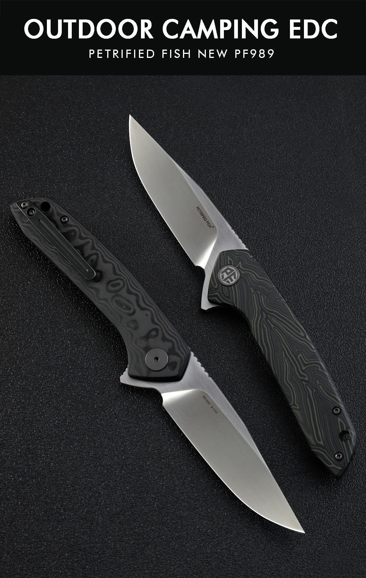 Petrified Fiah PF989 Auster,3.58" K110 Blade,Gmascus G10/Ebony Wood/Carbon Fiber Handle,Flipper Liner Lock Folding Knife