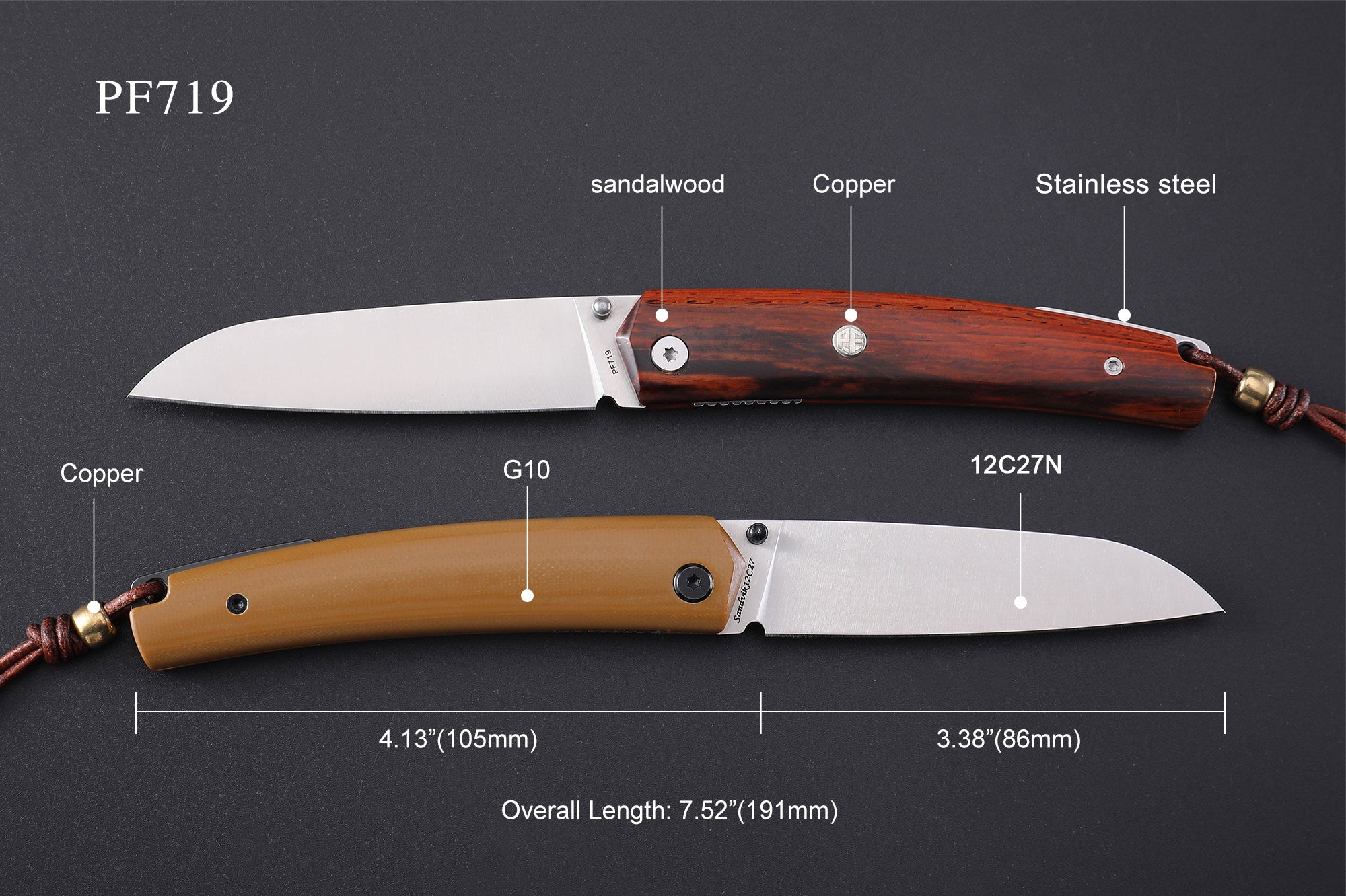 Petrified Fiah PF719 Patte,3.43"12C27N Blade,Wood/G10 Handle,Thumb Stud Liner Lock Folding Knife,