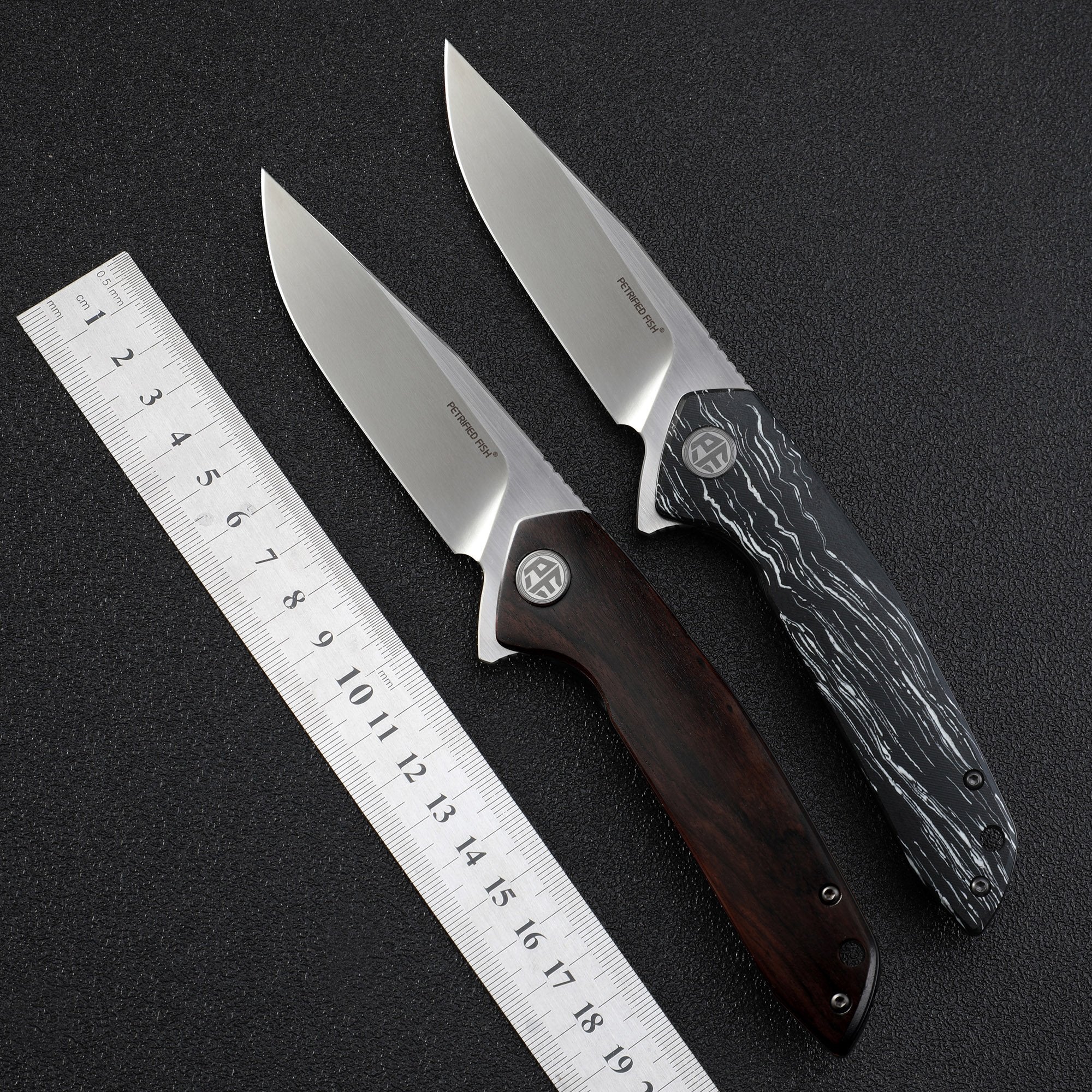 Petrified Fiah PF989 Auster,3.58" K110 Blade,Gmascus G10/Ebony Wood/Carbon Fiber Handle,Flipper Liner Lock Folding Knife