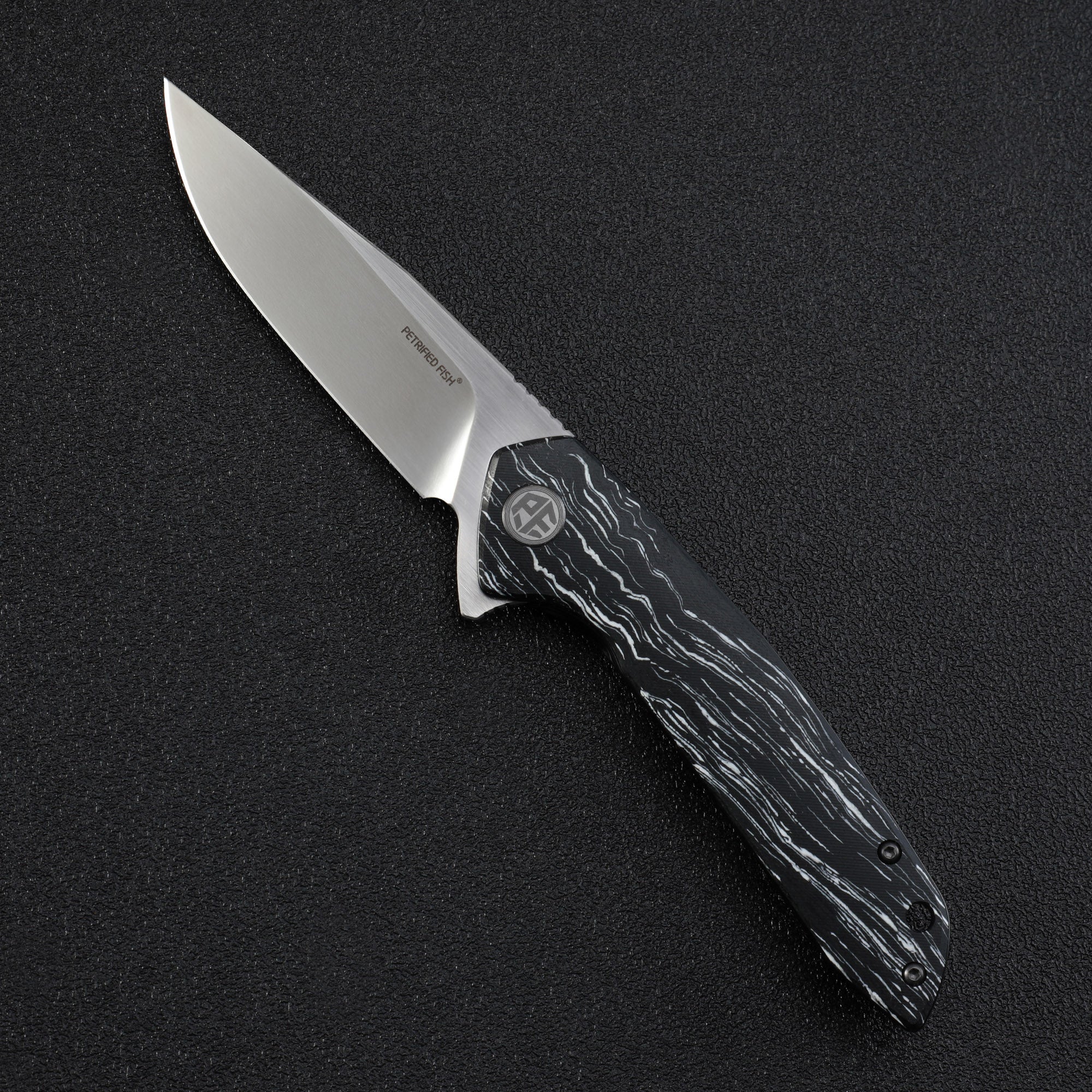 Petrified Fiah PF989 Auster,3.58" K110 Blade,Gmascus G10/Ebony Wood/Carbon Fiber Handle,Flipper Liner Lock Folding Knife