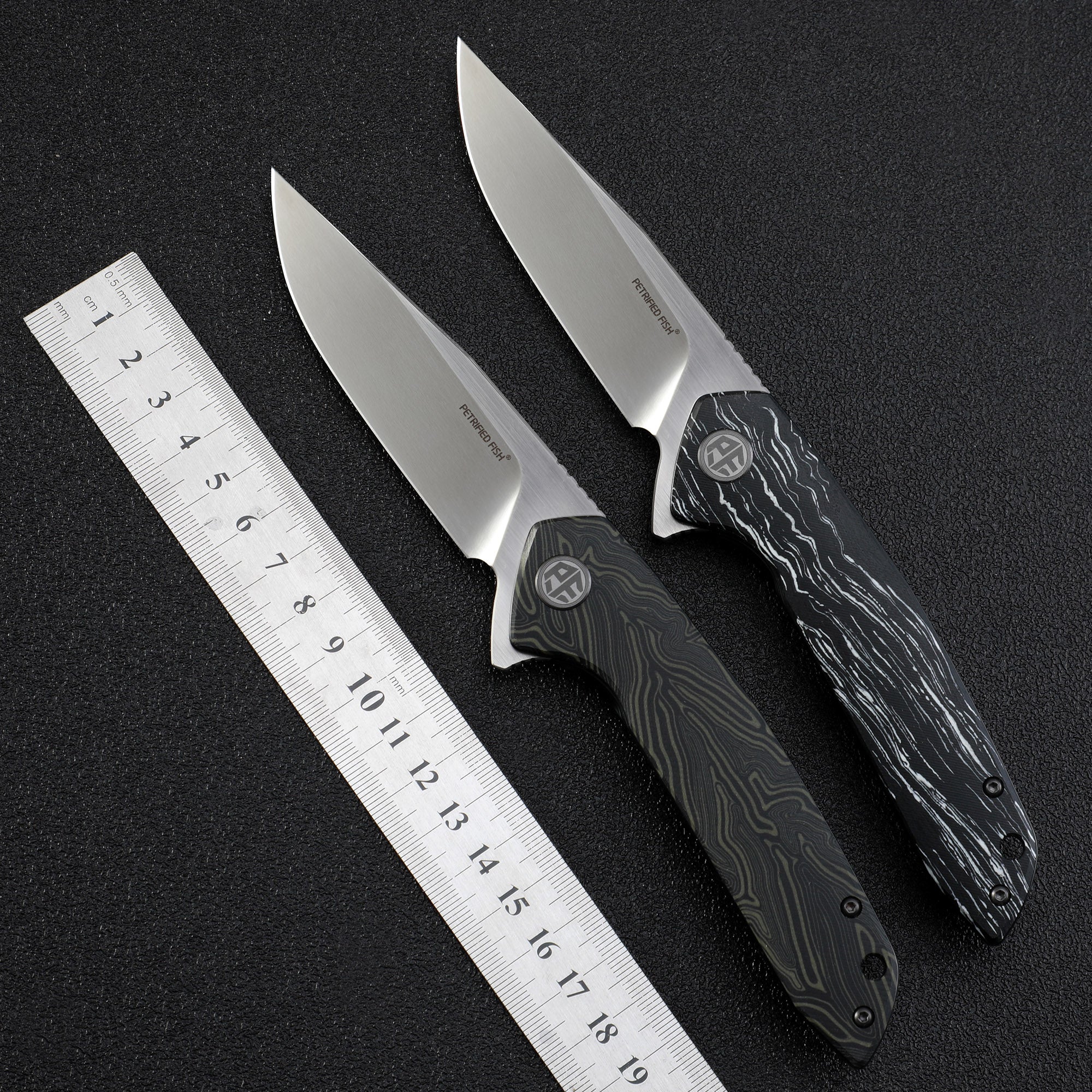 Petrified Fiah PF989 Auster,3.58" K110 Blade,Gmascus G10/Ebony Wood/Carbon Fiber Handle,Flipper Liner Lock Folding Knife