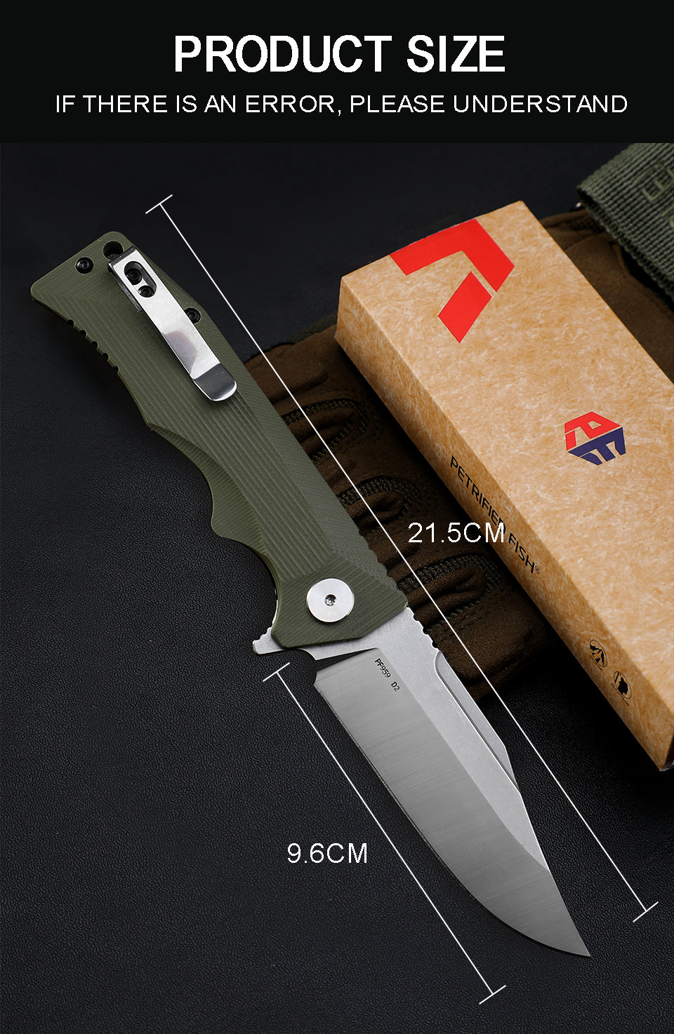 Petrified fish PF959,3.78" D2 Blade,G10 Handle, Flipper Liner lock Folding knife