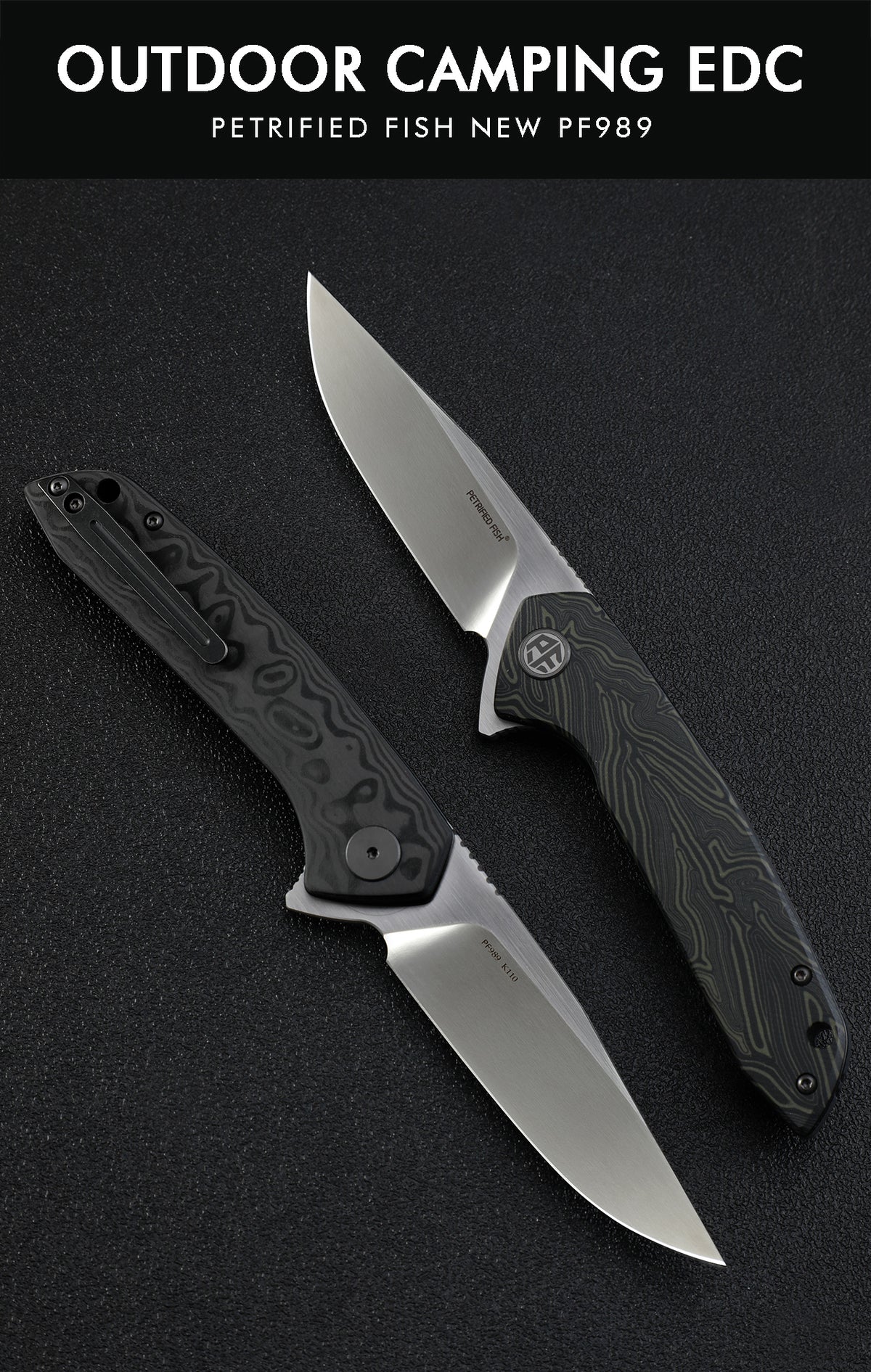 Petrified Fiah PF989 Auster,3.58" K110 Blade,Gmascus G10/Ebony Wood/Carbon Fiber Handle,Flipper Liner Lock Folding Knife