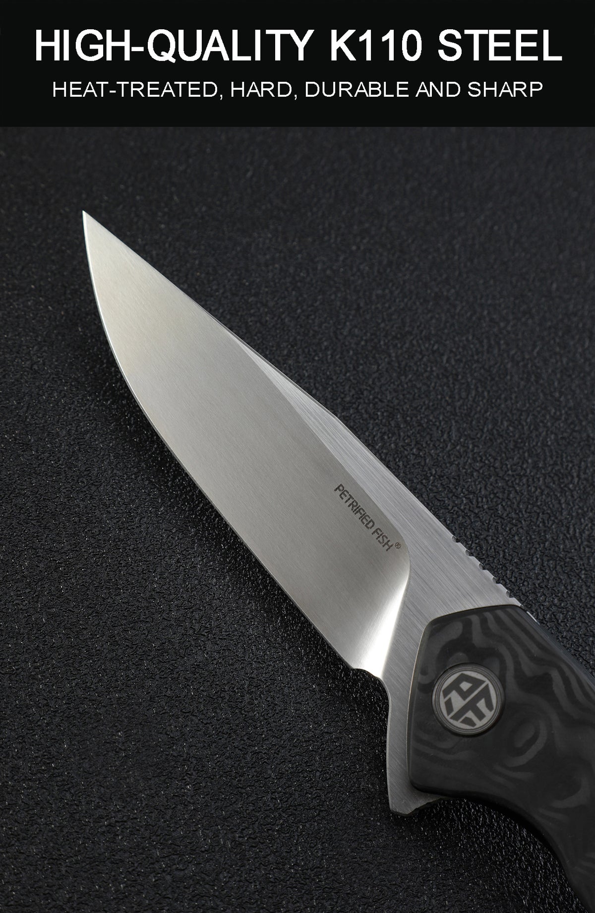 Petrified Fiah PF989 Auster,3.58" K110 Blade,Gmascus G10/Ebony Wood/Carbon Fiber Handle,Flipper Liner Lock Folding Knife